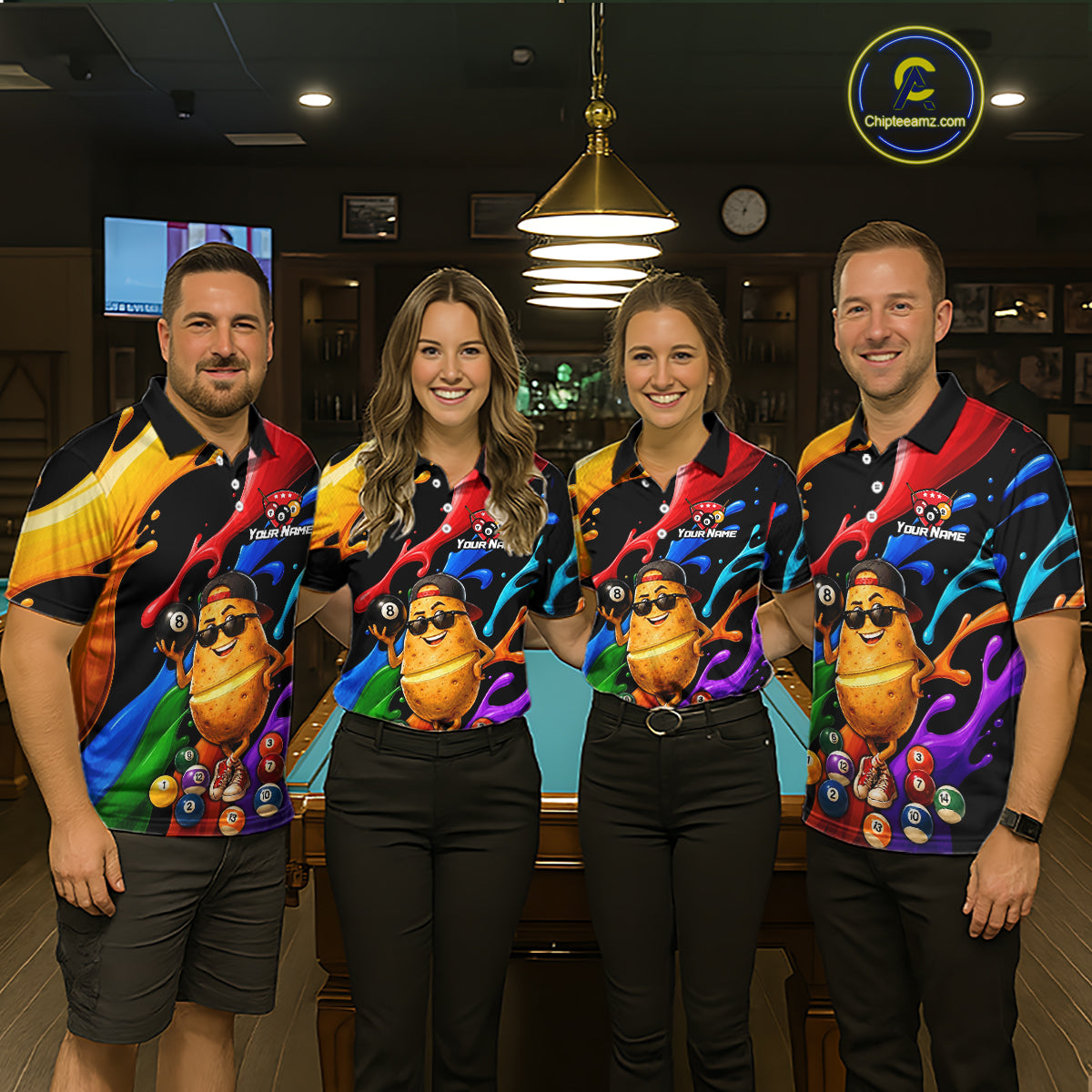 Four people wearing colorful bowling shirts with a cartoon character in a bar setting.