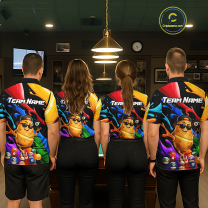 Four people wearing colorful sports jerseys with a cartoon character on the back in an indoor setting.
