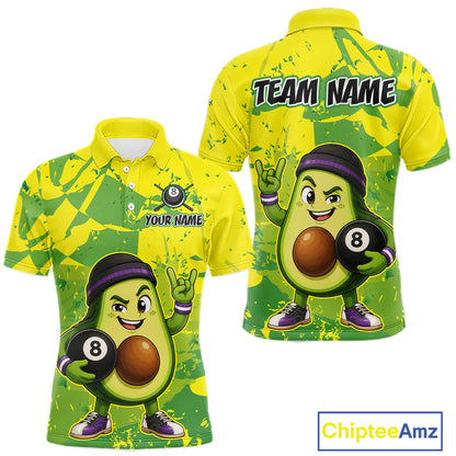 Avocado-themed polo shirt with 8-ball design on a yellow and green background, featuring 'Team Name' and 'Your Name' text.