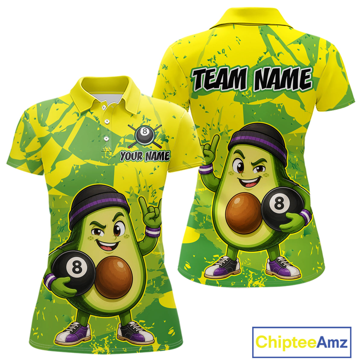 Avocado-themed polo shirt with 8-ball design on a yellow and green background, featuring 'Chiptee Amz' branding.