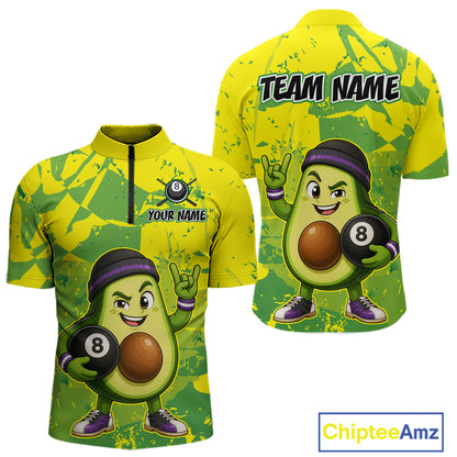 Avocado-themed quarter-zip jersey with billiard ball design, customizable text, and ChipteeAmz branding.