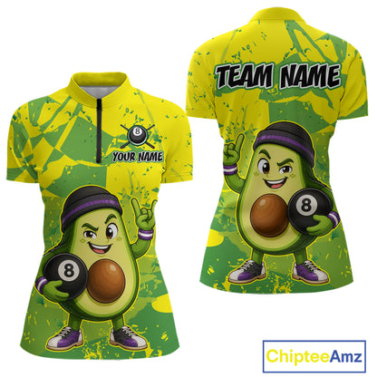 Yellow and green quarter-zip jersey with avocado character holding a bowling ball, front and back views, on a white background.