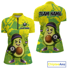 Load image into Gallery viewer, Yellow and green quarter-zip jersey with avocado character holding a bowling ball, front and back views, on a white background.