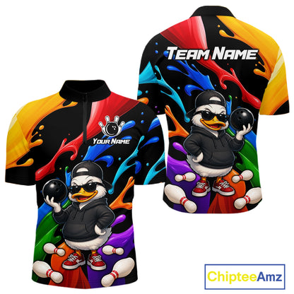 Custom short-sleeve bowling-themed quarter-zip shirt shown from the front and back on a white background. The shirt features a black base with vibrant multicolor paint splatters and a cartoon duck character wearing a black hoodie, sunglasses, and bowling balls.