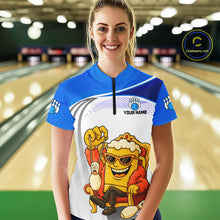 Load image into Gallery viewer, Custom Funny Blue Beer Polo Bowling Team Shirt for Women Quarter-Zip Bowling Jersey Outfit QZT820