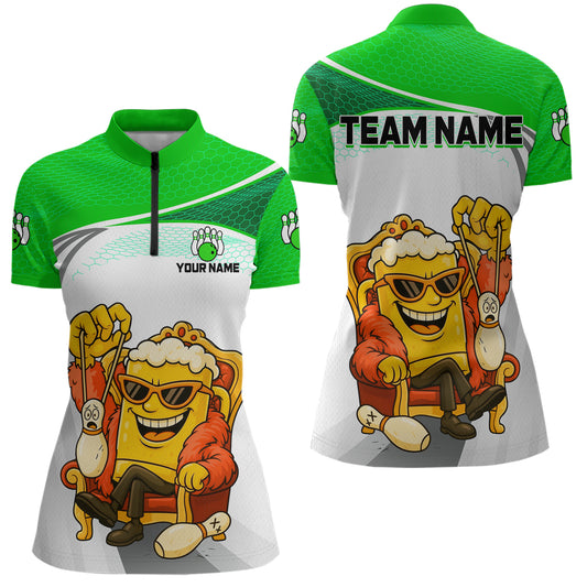 Custom Funny Green Beer Polo Bowling Team Shirt for Women Quarter-Zip Bowling Jersey Outfit QZT820