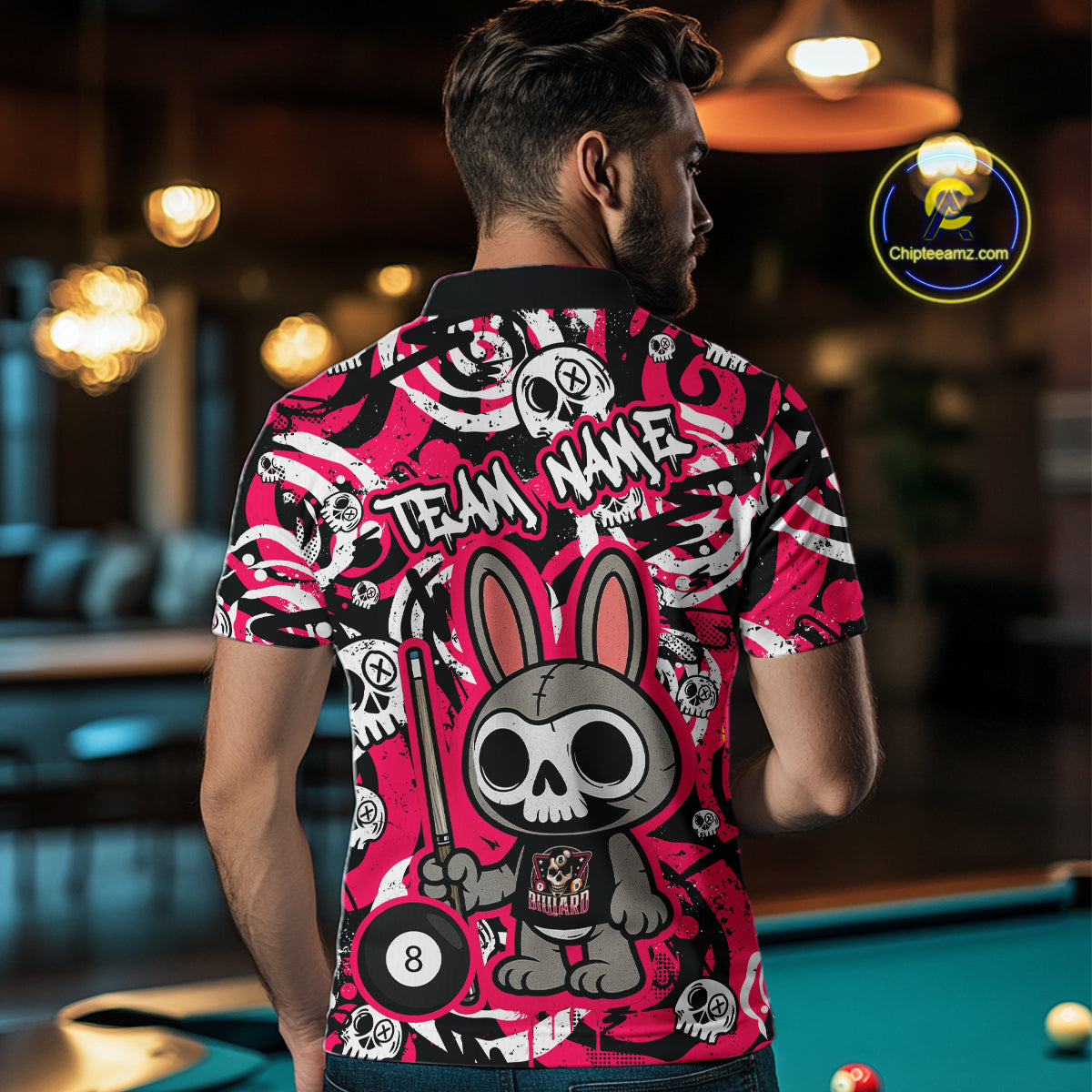 Custom Pink Skull Bunny Billiard Shirt for Men Gothic Billiard Team Jersey Polo & Quarter-Zip BHT30
