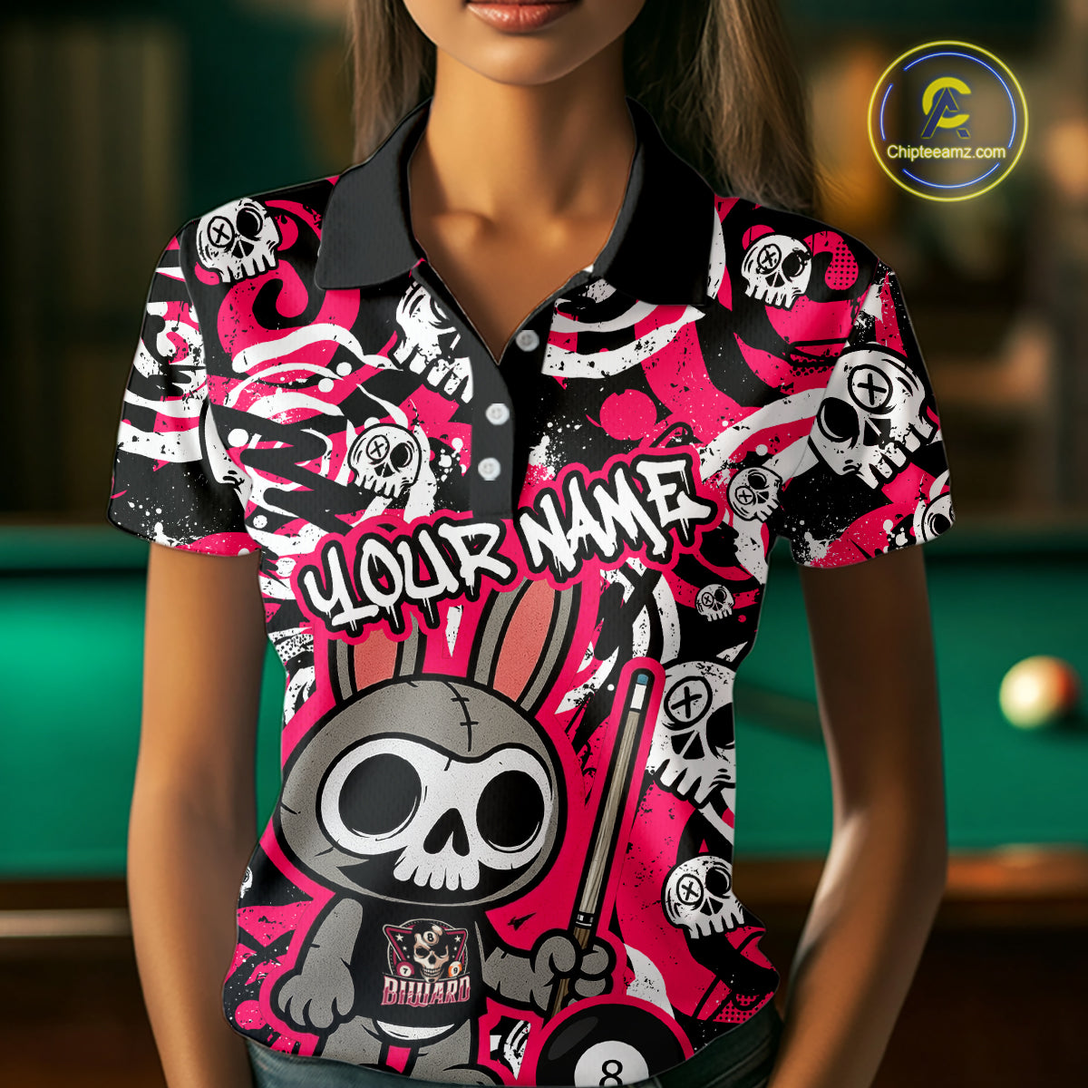 Custom Pink Skull Bunny Billiard Shirt for Women Gothic Billiard Team Jersey Polo & Quarter-Zip BHT30