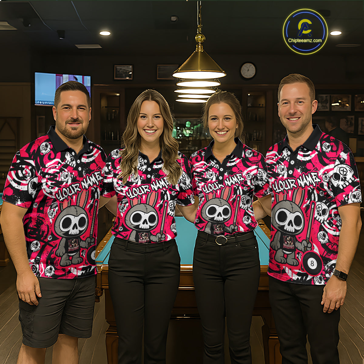 Custom Pink Skull Bunny Billiard Shirt for Men Gothic Billiard Team Jersey Polo & Quarter-Zip BHT30