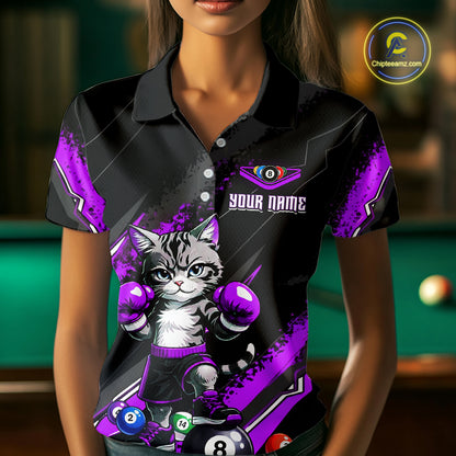 Custom Funny Purple Cat 8 Ball Billiard Shirts for Women Billiard Team Jersey Polo & 1/4 Zip Pool Shirt BHT32