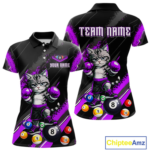 Custom Funny Purple Cat 8 Ball Billiard Shirts for Women Billiard Team Jersey Polo & 1/4 Zip Pool Shirt BHT32