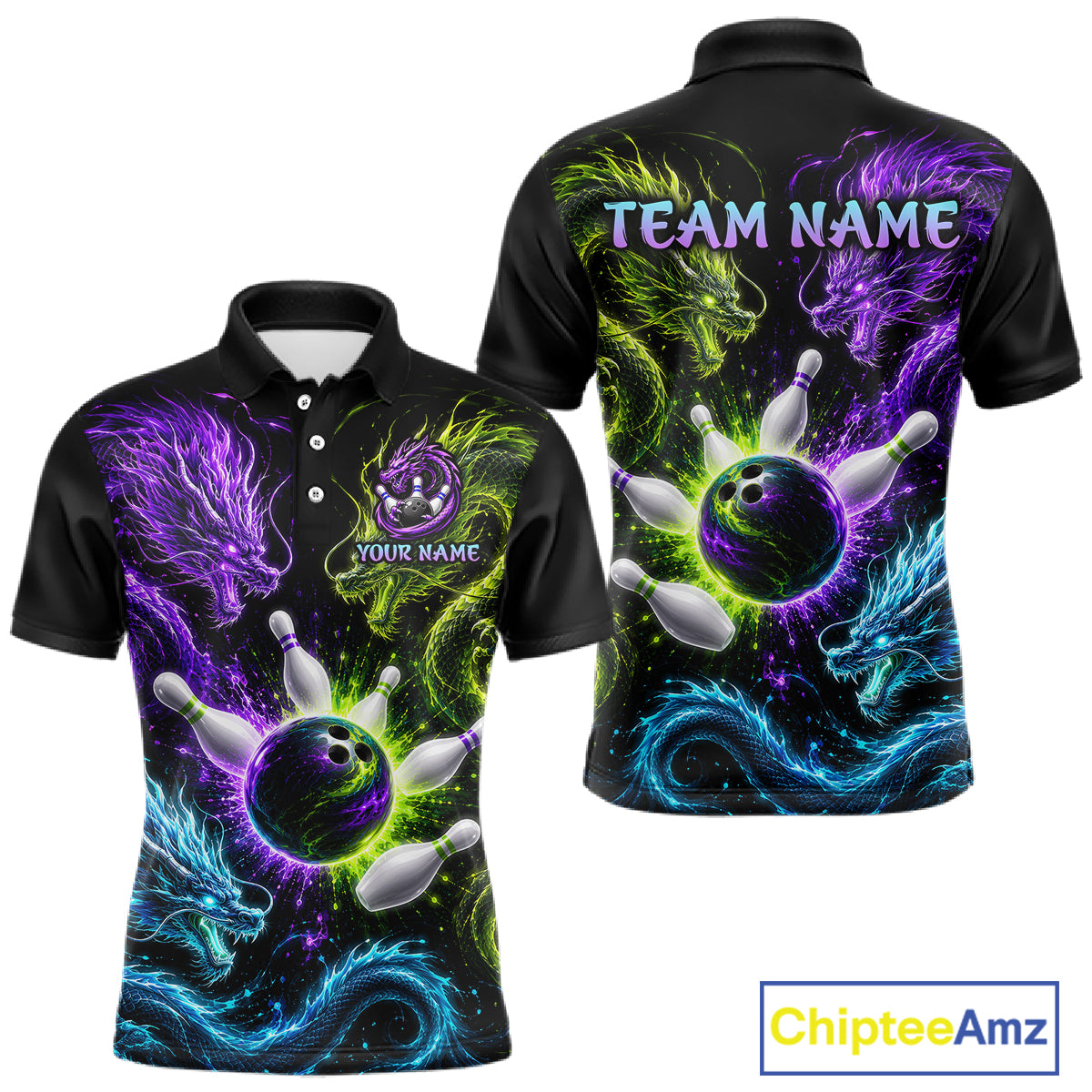 Multicolor Dragon Bowling Shirt for Men Custom Bowling Jersey Polo & Quarter-Zip QZT1051