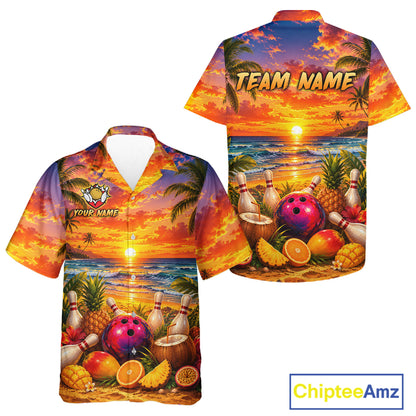 Hawaiian shirt with beach and bowling design, featuring 'Team Name' and 'Your Name' text, with ChipteeAmz branding.