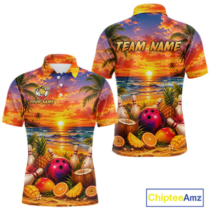 Colorful polo shirt with a tropical design featuring bowling elements and 'Team Name' text.