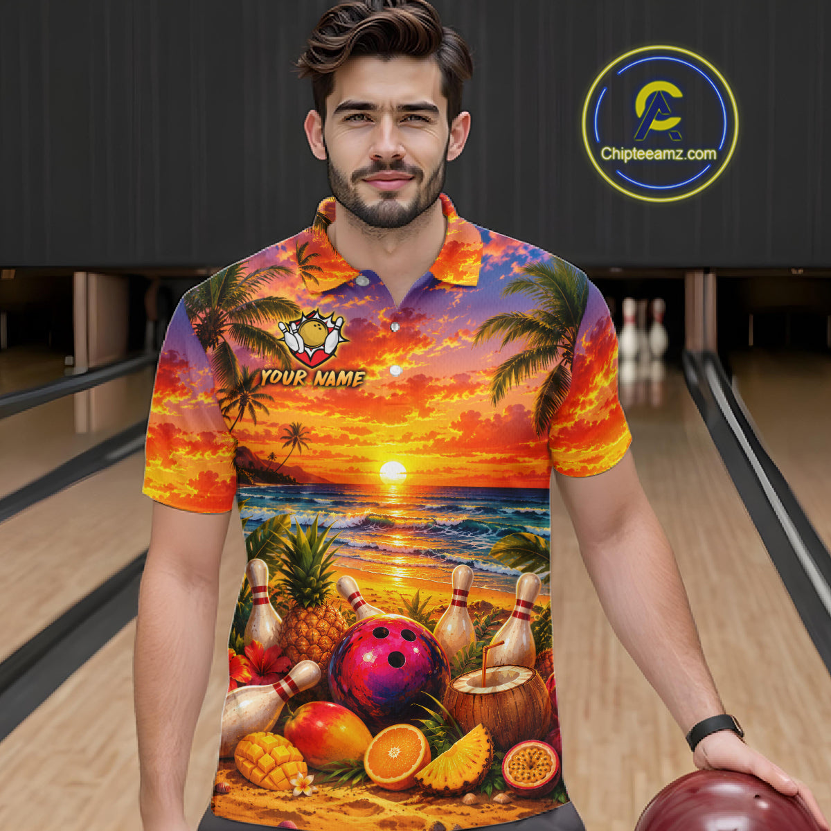Man wearing a colorful polo shirt with a beach and bowling design in a bowling alley.