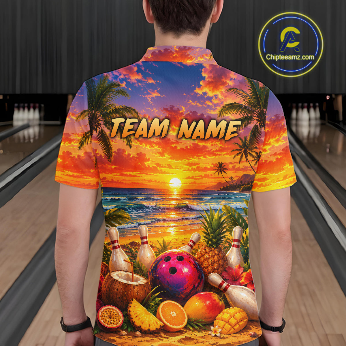 Person wearing a colorful shirt with a beach-themed design in a bowling alley.