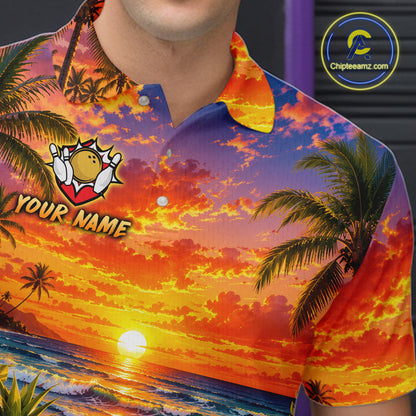 Colorful polo shirt with a sunset and palm tree design, featuring a logo and text space on a person wearing it.