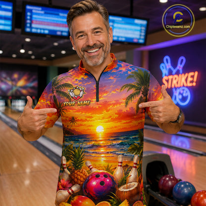 Man in a colorful bowling shirt with a sunset design in a bowling alley.