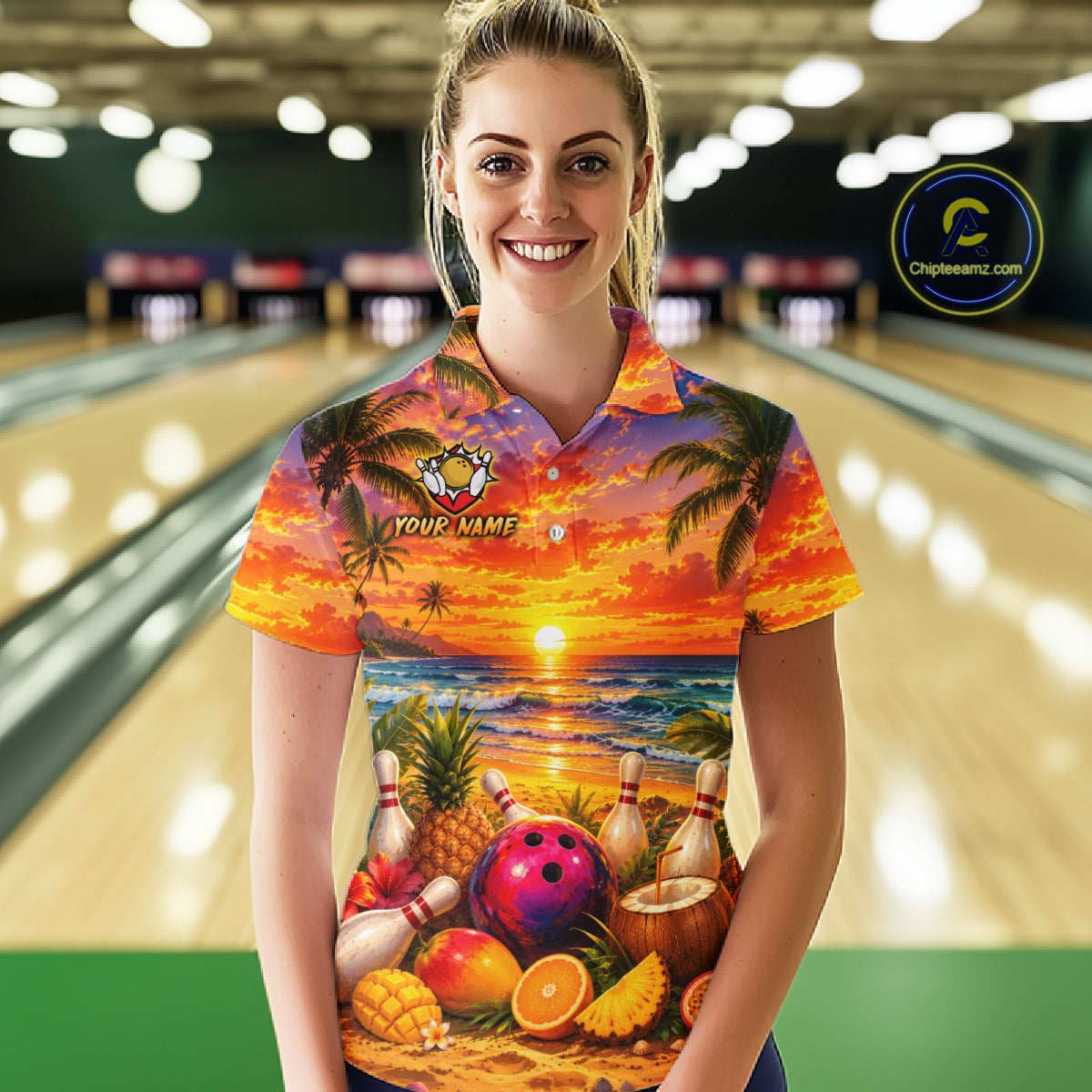 Person wearing a colorful bowling shirt with a tropical design in a bowling alley.