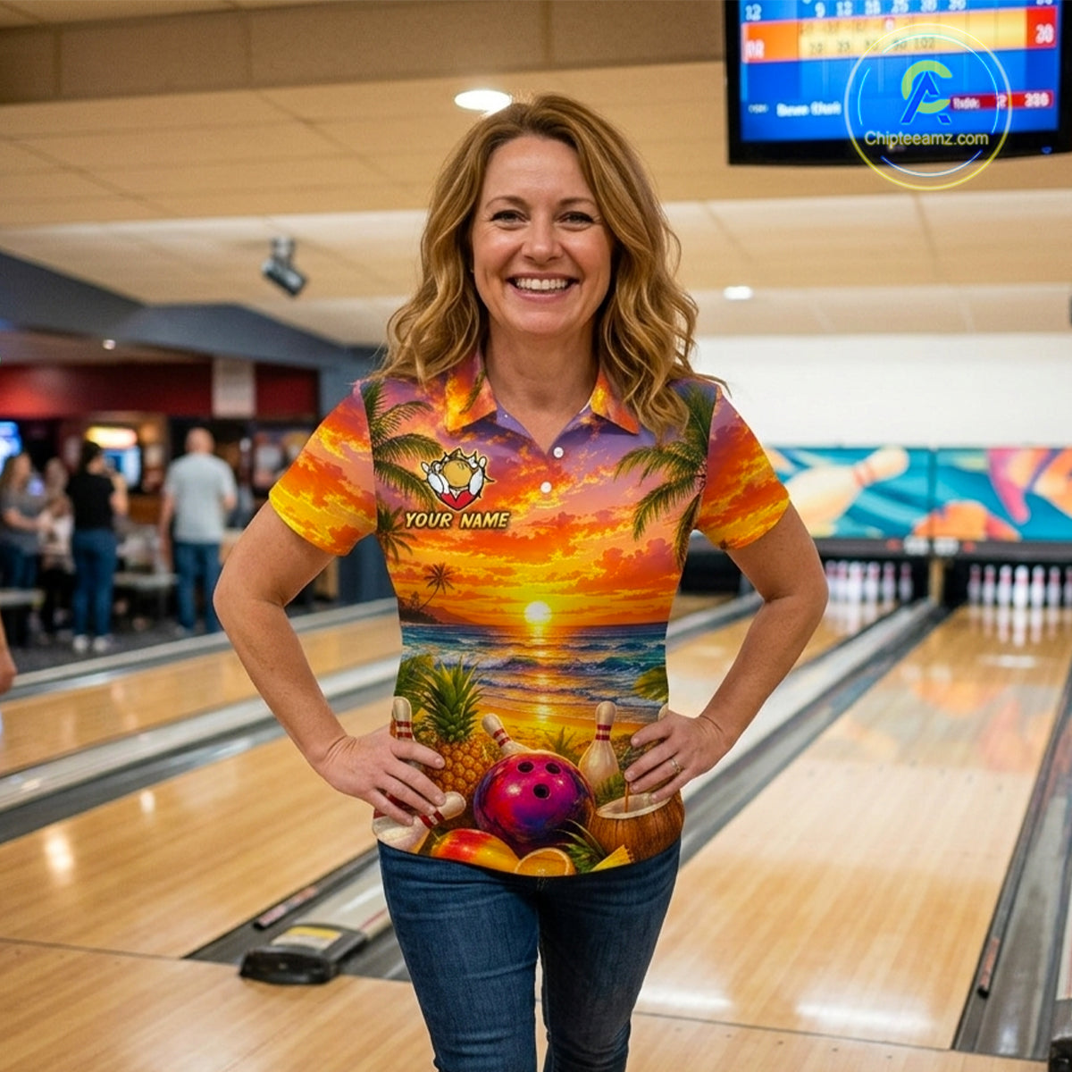 Woman wearing a colorful bowling shirt with a scenic design in a bowling alley.