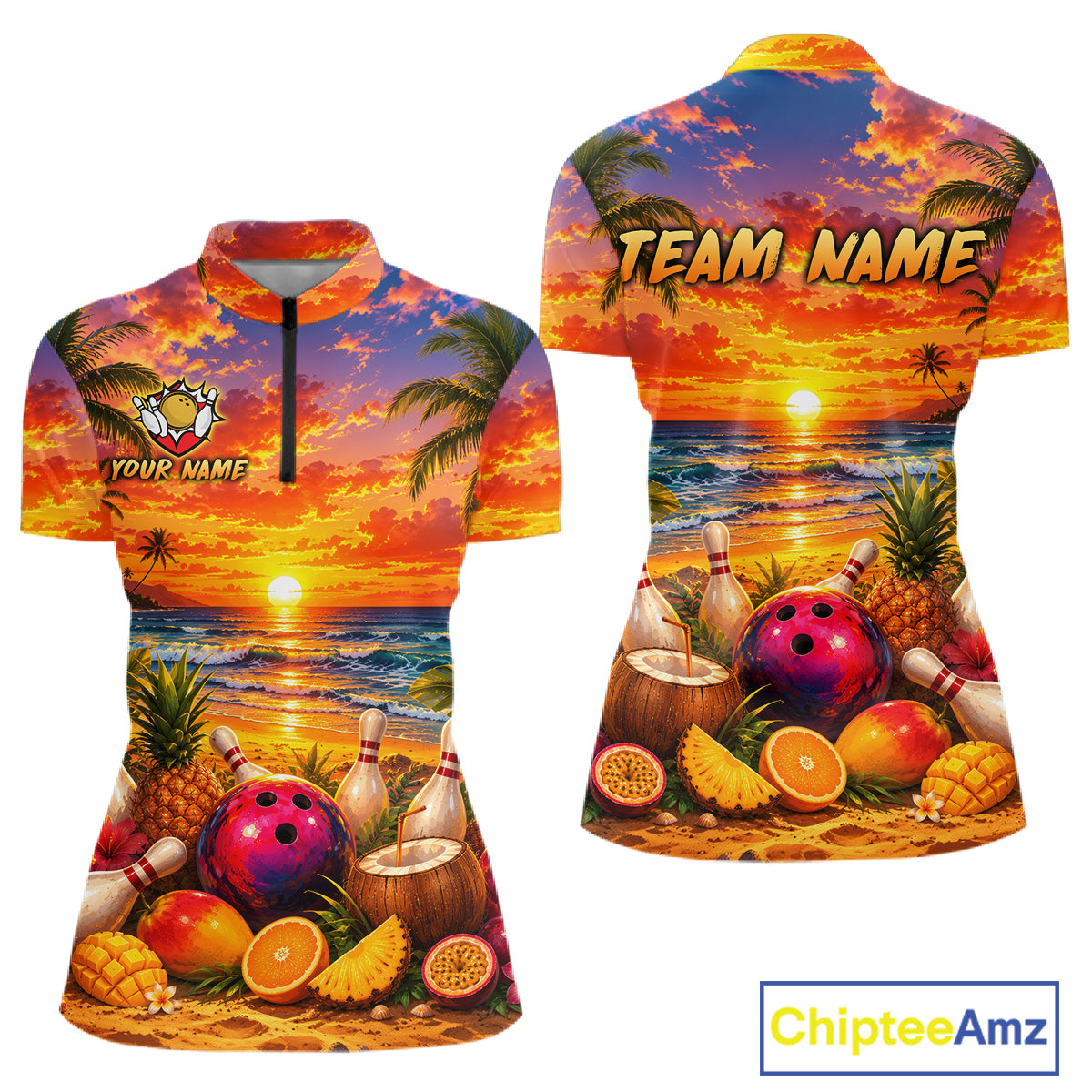 Two athletic shirts with a tropical design featuring a sunset, beach, and bowling elements, with 'Chiptee Amz' branding.