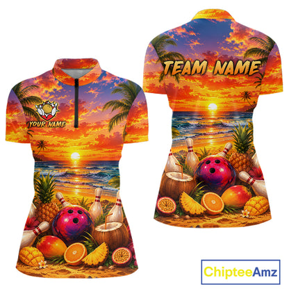 Two athletic shirts with a tropical design featuring a sunset, beach, and bowling elements, with 'Chiptee Amz' branding.