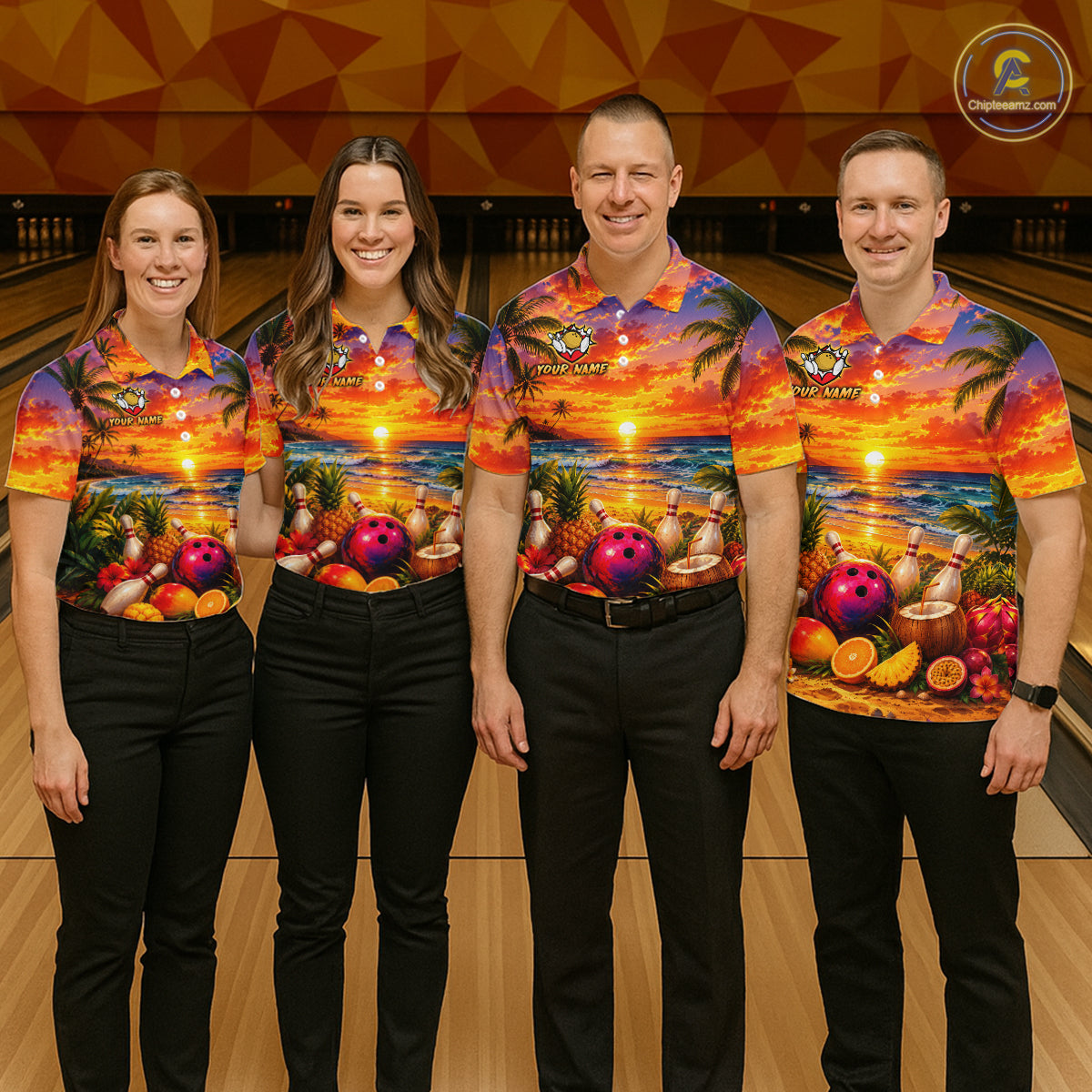 Four people wearing colorful bowling shirts with a sunset design on a bowling alley.
