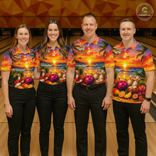 Load image into Gallery viewer, Four people wearing colorful bowling shirts with a sunset design on a bowling alley.
