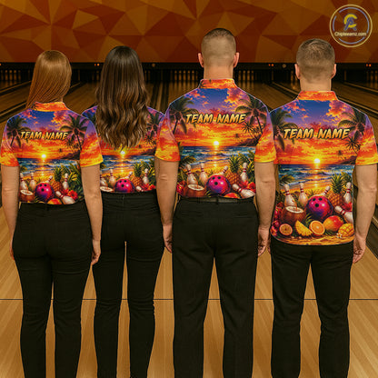 Four people wearing colorful bowling shirts with a sunset design and 'Team Name' text on a bowling alley.