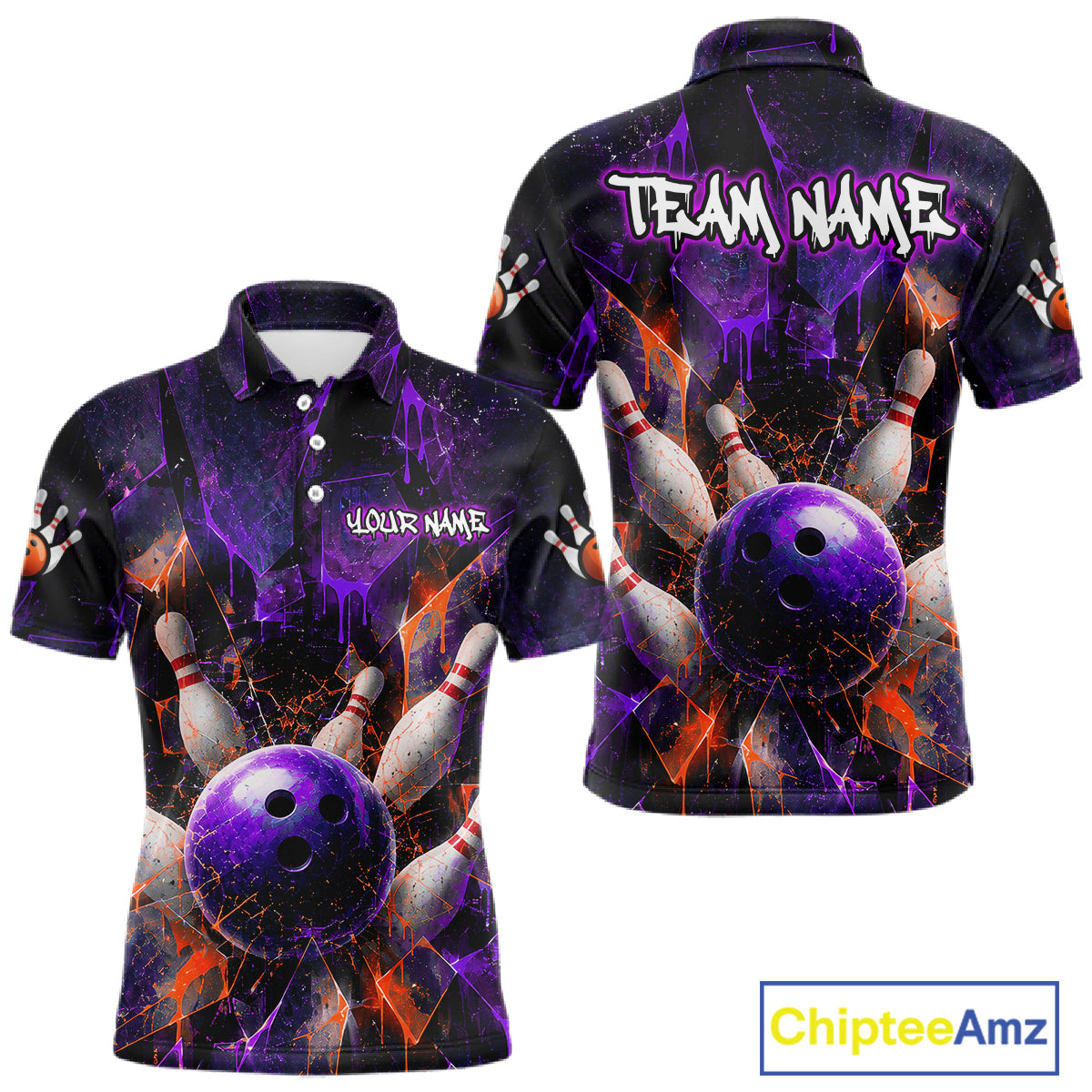Custom bowling-themed short-sleeve polo shirt shown from both front and back views. The shirt features a dark purple and black background with a vibrant graphic of a purple bowling ball, bowling pins, and orange lightning effects, with customizable text placeholders 'YOUR NAME' and 'TEAM NAME'.