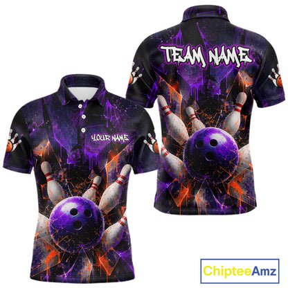Custom bowling-themed short-sleeve polo shirt shown from both front and back views. The shirt features a dark purple and black background with a vibrant graphic of a purple bowling ball, bowling pins, and orange lightning effects, with customizable text placeholders 'YOUR NAME' and 'TEAM NAME'.
