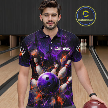 A man wearing a custom bowling-themed short-sleeve polo shirt with a purple and black cosmic design, bowling ball and pins graphic, and 'YOUR NAME' text on the chest, standing in a bowling alley.