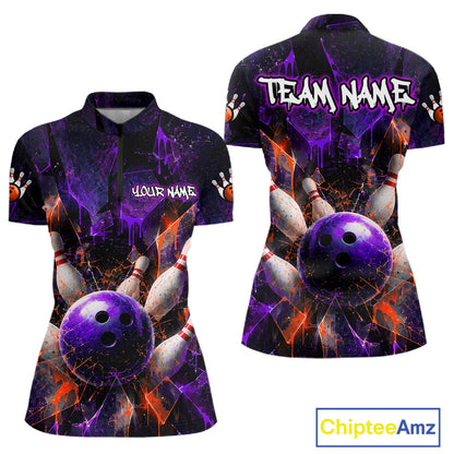 Front and back views of a short-sleeve bowling-themed polo shirt on a white background. The shirt features a dark purple and black cosmic background with glowing orange cracks, a large purple bowling ball, white bowling pins, and customizable text reading 'TEAM NAME' on the back and 'YOUR NAME' on the front.