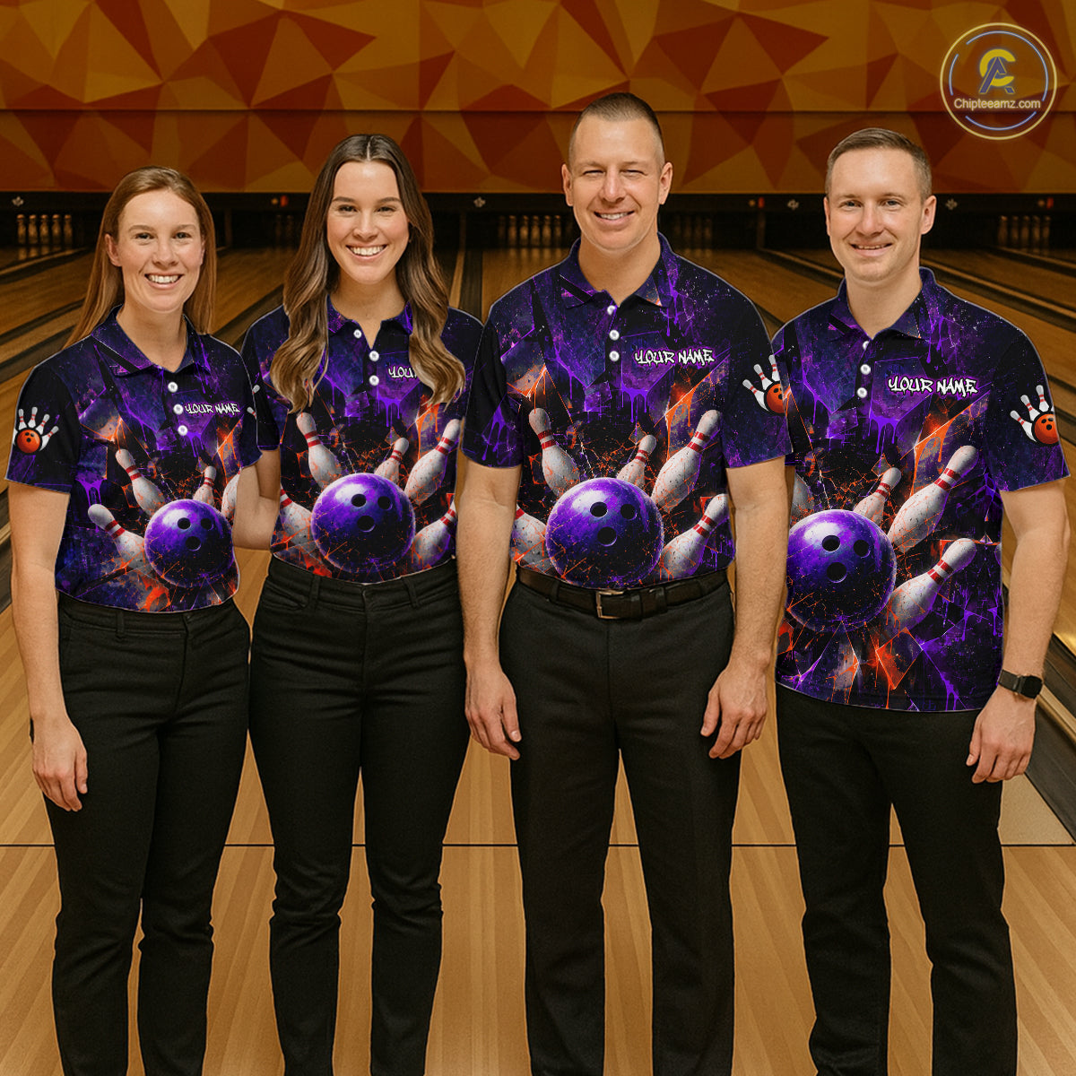 Four people standing in a bowling alley wearing matching dark purple and black bowling-themed polo shirts with a graphic print of bowling balls and pins, paired with black pants.