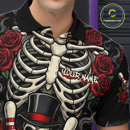 A close-up of a person wearing a black short-sleeve polo shirt with a large skeleton ribcage graphic, red roses, and a customizable text overlay reading 'YOUR NAME'.