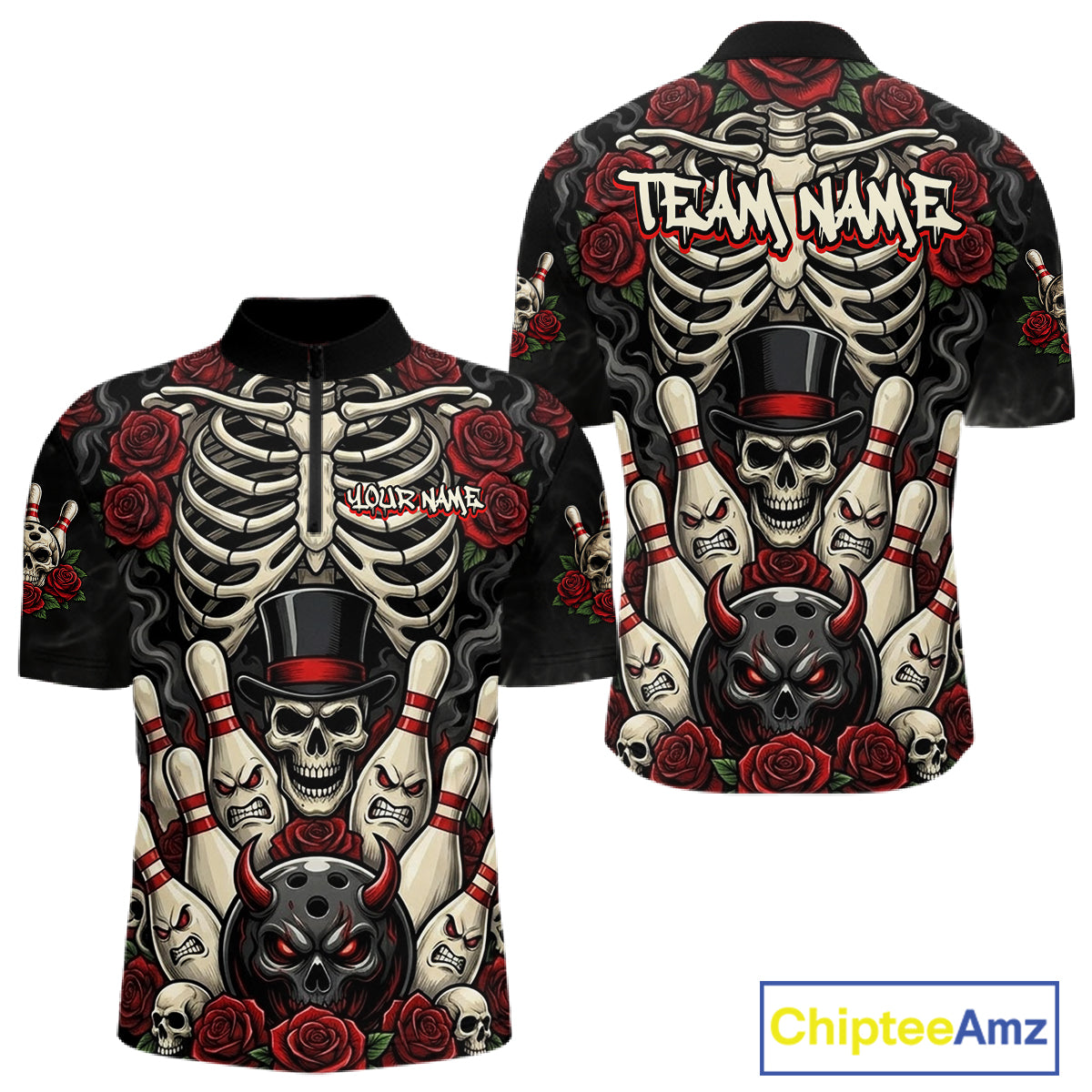 Black short-sleeve polo shirt with a full-body gothic skeleton and skull graphic, shown in front and back views. The design features red roses, white and beige skeletons, black top hats, and devil skulls.