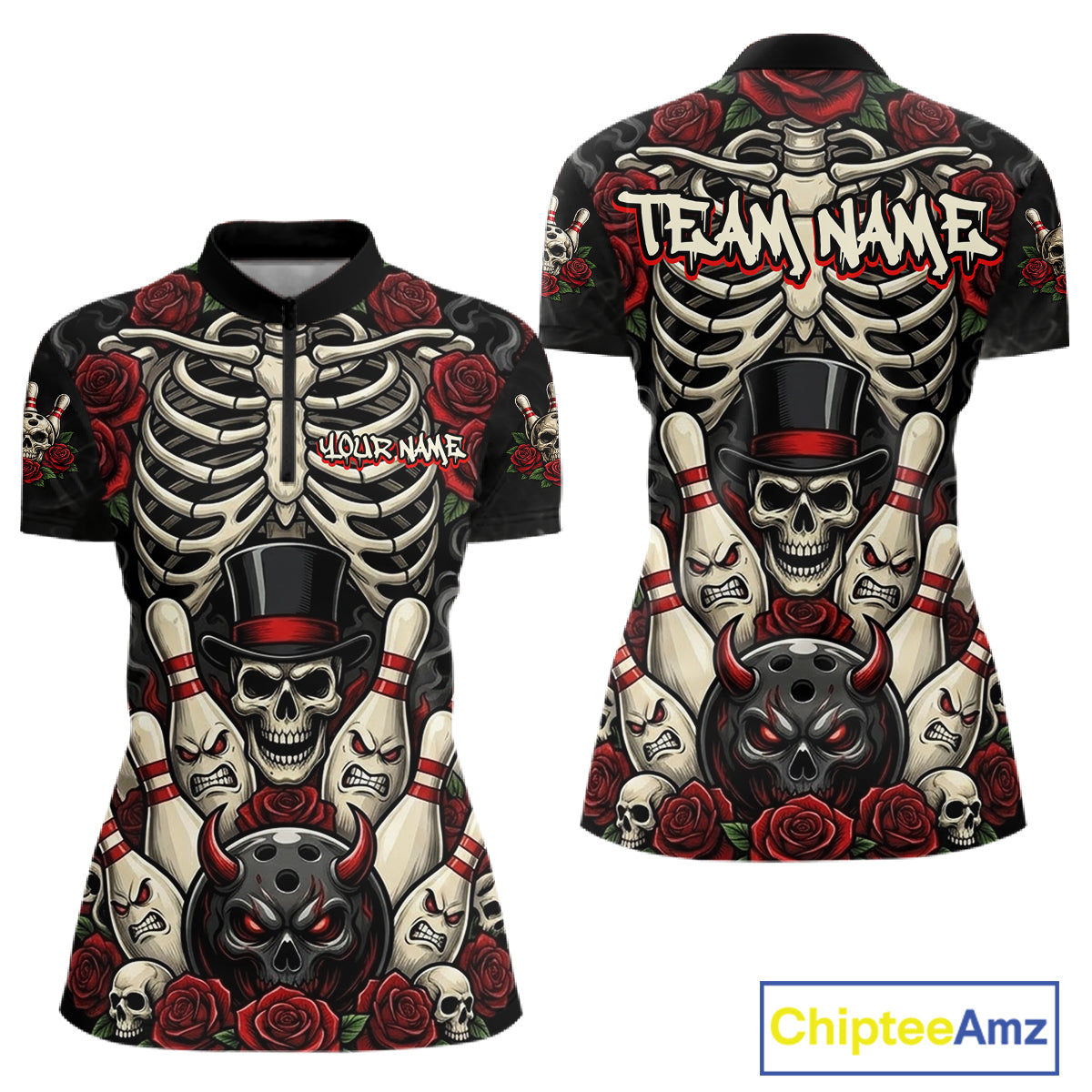 A short-sleeve polo shirt shown from the front and back, featuring a detailed all-over graphic print of a skeleton rib cage, skulls, roses, and bowling pins in black, white, red, and gray. The back has a large 'TEAM NAME' placeholder text across the shoulders.