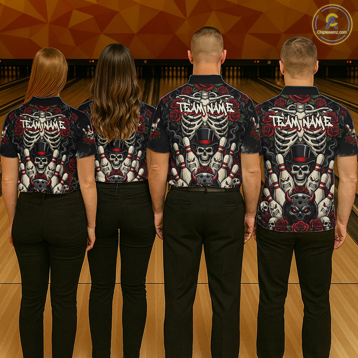 Four people standing with their backs to the camera in a bowling alley, wearing matching dark short-sleeve bowling shirts with a large skeleton and skull graphic on the back, black pants, and the text 'TEAMNAME' across the shoulders.