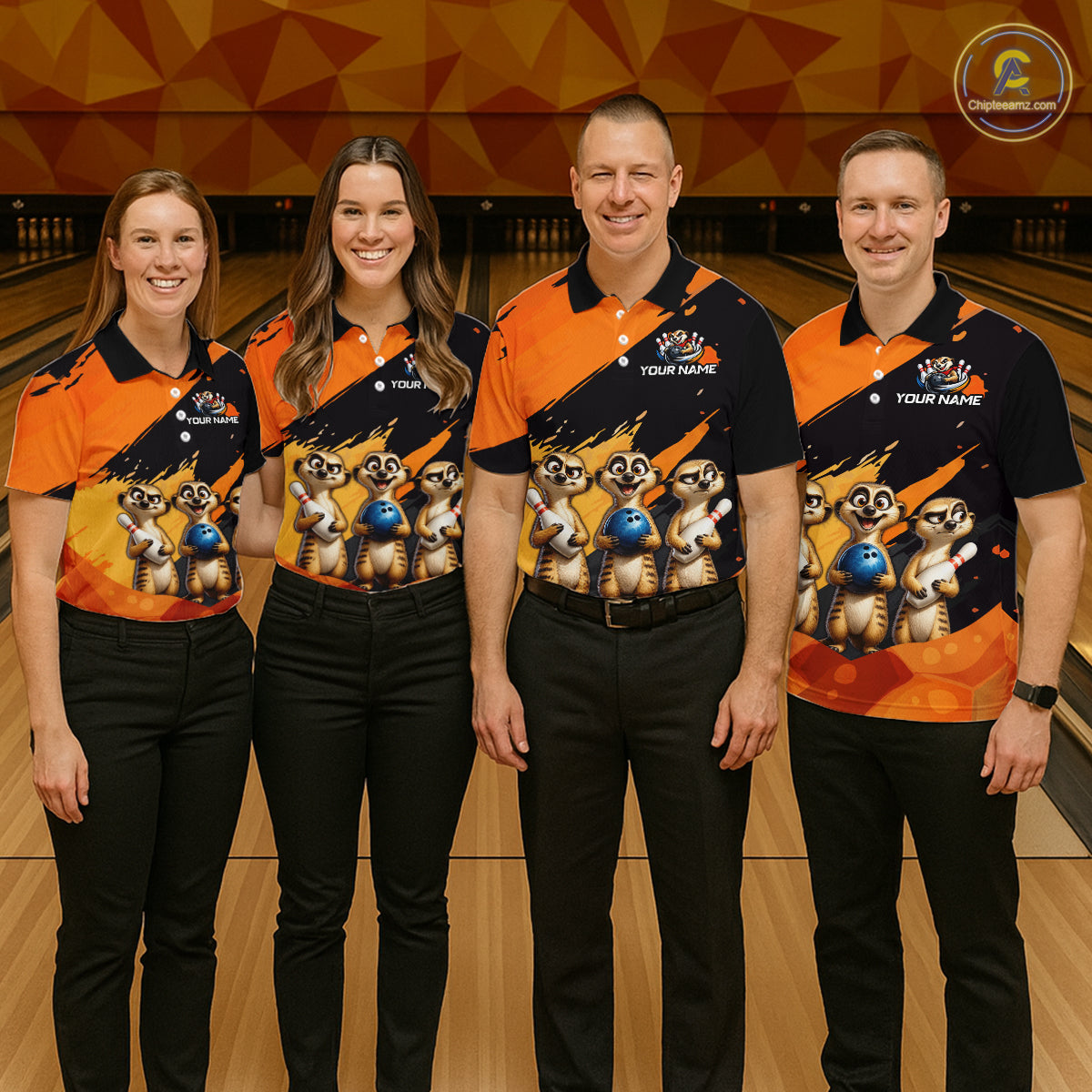 Four people standing together in a bowling alley wearing matching custom-designed bowling shirts. The shirts feature a black and orange geometric pattern with cartoon raccoons holding blue bowling balls and the text 'YOUR NAME'.