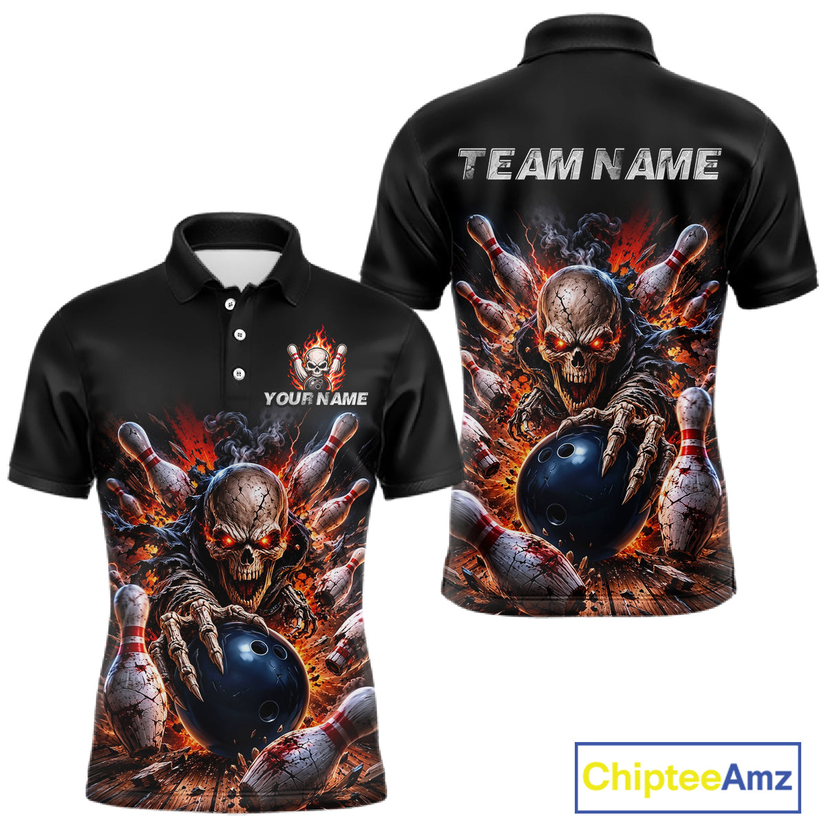 Black polo shirt with fiery skeleton design and customizable text on a white background