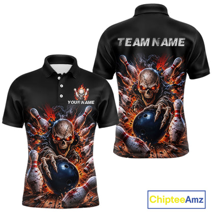 Black polo shirt with fiery skeleton design and customizable text on a white background