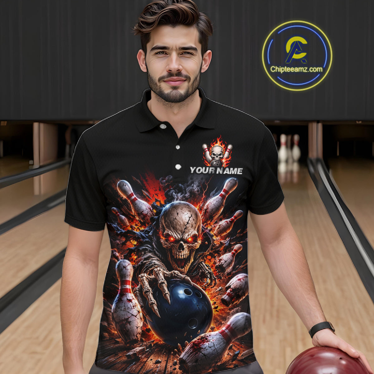 Man wearing a black polo shirt with a skull and bowling design in a bowling alley.
