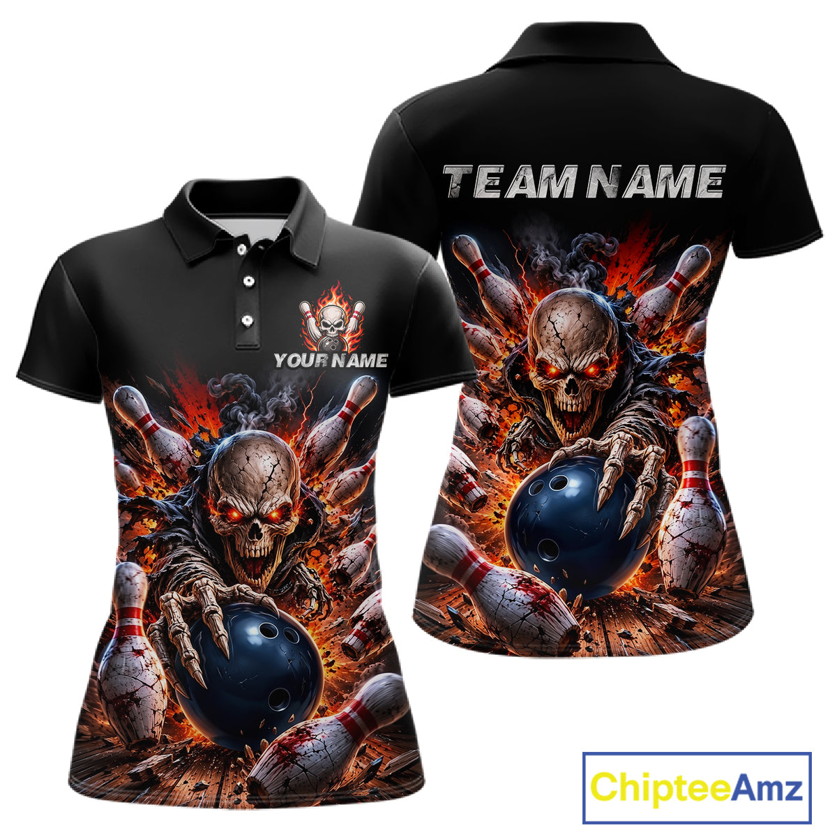 Black polo shirt with a skull and bowling design, featuring 'Your Name' and 'Team Name' text on a white background.