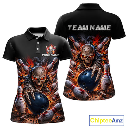 Black polo shirt with a skull and bowling design, featuring 'Your Name' and 'Team Name' text on a white background.