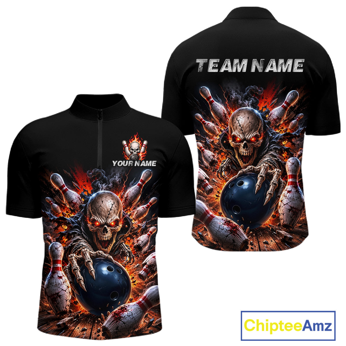 Black bowling-themed shirt with skull and bowling ball design, customizable text on a white background.