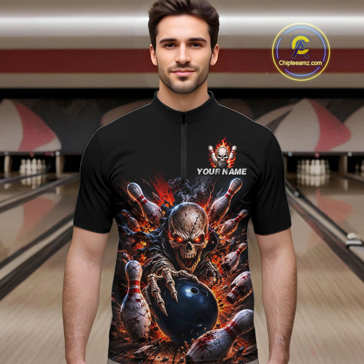 Man wearing a black quarter-zip jersey with a graphic design of a skull and bowling pins in a bowling alley.