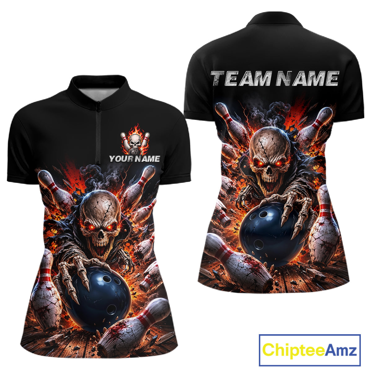 Black quarter-zip jersey with a fiery skeleton design and customizable text on a white background