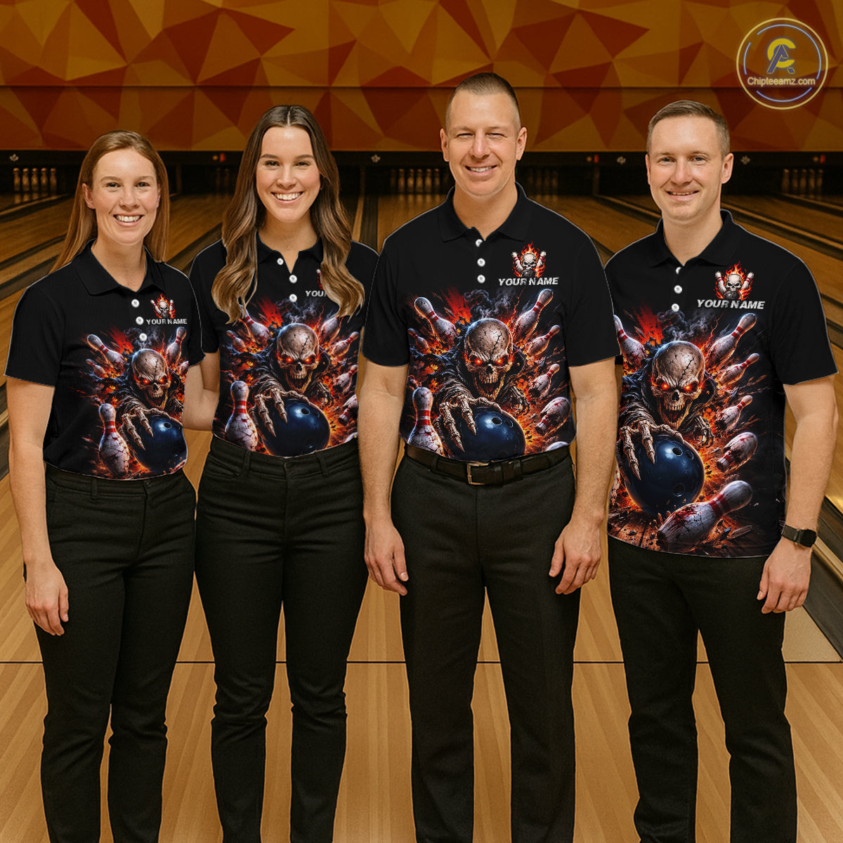Four people wearing matching black shirts with a graphic design on a bowling alley background