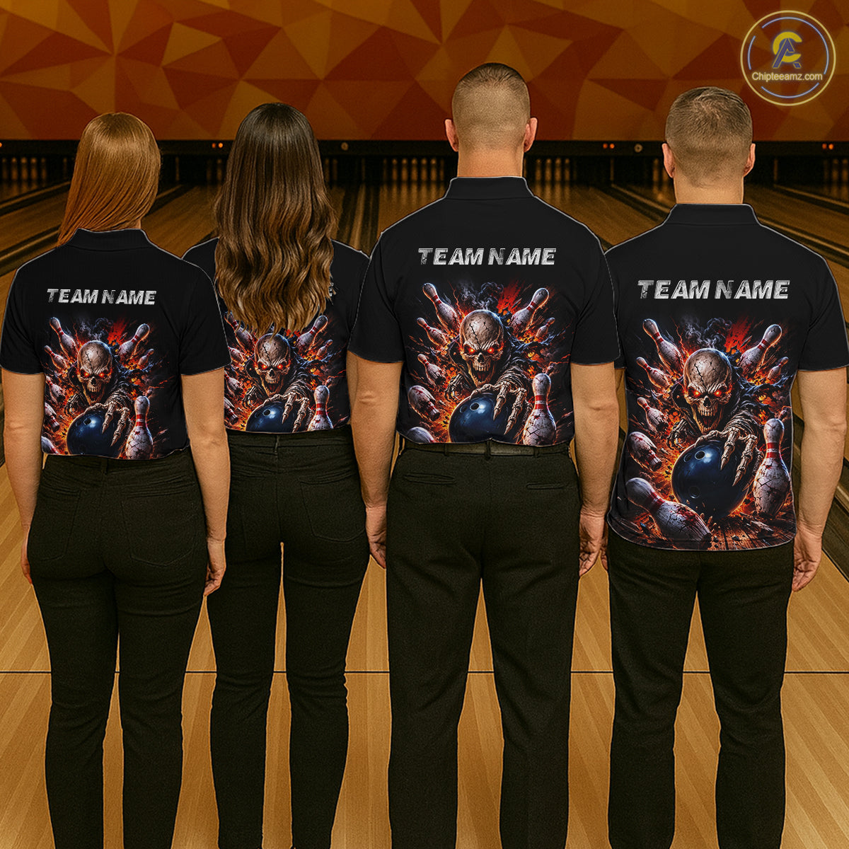 Four people wearing black shirts with team name and graphic designs on a bowling alley.
