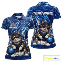Load image into Gallery viewer, Blue polo shirt with cartoon cat bowling design, customizable text, and Chiptee Amz branding.